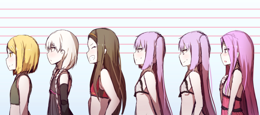 6+girls :d bangs bare_shoulders black_gloves blonde_hair blue_background blush bra brown_hair brown_hairband bust_chart chacha_(fate/grand_order) closed_eyes closed_mouth crop_top elbow_gloves euryale eyebrows_visible_through_hair fate/extra fate/grand_order fate_(series) flat_chest gloves green_shirt grin hand_on_own_chest highres lingerie long_hair low_twintails medusa_(lancer)_(fate) multiple_girls negligee nursery_rhyme_(fate/extra) open_mouth paul_bunyan_(fate/grand_order) pink_eyes profile purple_hair red_bra rider shirt short_hair silver_hair sketch smile stheno twintails underwear very_long_hair violet_eyes wadakazu white_bra yellow_eyes