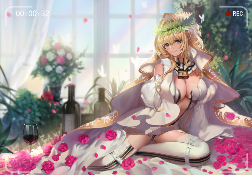 1girl absurdres ahoge alcohol arm_support bangs blonde_hair blurry bottle bouquet breasts bridal_veil butterfly chains cleavage cup curtains day depth_of_field detached_collar detached_sleeves drinking_glass fate/extra fate/extra_ccc fate/grand_order fate_(series) flower gloves green_eyes hair_intakes highres indoors kirbyheimi large_breasts leotard lock long_hair looking_at_viewer nero_claudius_(bride)_(fate) nero_claudius_(fate)_(all) petals pink_flower pink_rose plant rose rose_petals sitting smile solo thigh-highs unzipped vase veil viewfinder white_flower white_gloves white_rose window wine wine_bottle wine_glass wreath yokozuwari zipper