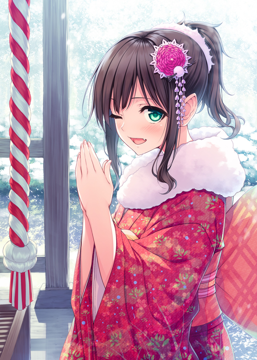1girl ;d bangs blush brown_hair commentary_request day eyebrows_visible_through_hair fang fingernails floral_print flower fur_collar green_eyes hair_flower hair_ornament hasumi_(hasubatake39) high_ponytail highres idolmaster idolmaster_cinderella_girls japanese_clothes kimono long_hair long_sleeves looking_at_viewer looking_to_the_side maekawa_miku obi one_eye_closed open_mouth outdoors palms_together pink_flower ponytail prayer print_kimono red_kimono sash shrine sidelocks smile solo wide_sleeves