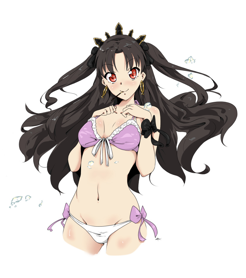 1girl bare_shoulders bikini black_hair black_ribbon breasts cropped_legs crown earrings fate/grand_order fate_(series) food front-tie_bikini front-tie_top hair_ribbon hands_on_own_chest highres ishtar_(fate/grand_order) jewelry long_hair looking_at_viewer mismatched_bikini mouth_hold navel pink_bikini_top pocky red_eyes ribbon side-tie_bikini signature simple_background small_breasts solo standing swimsuit tohsaka_rin two_side_up very_long_hair vesperiastar water_drop white_background white_bikini_bottom wrist_bow