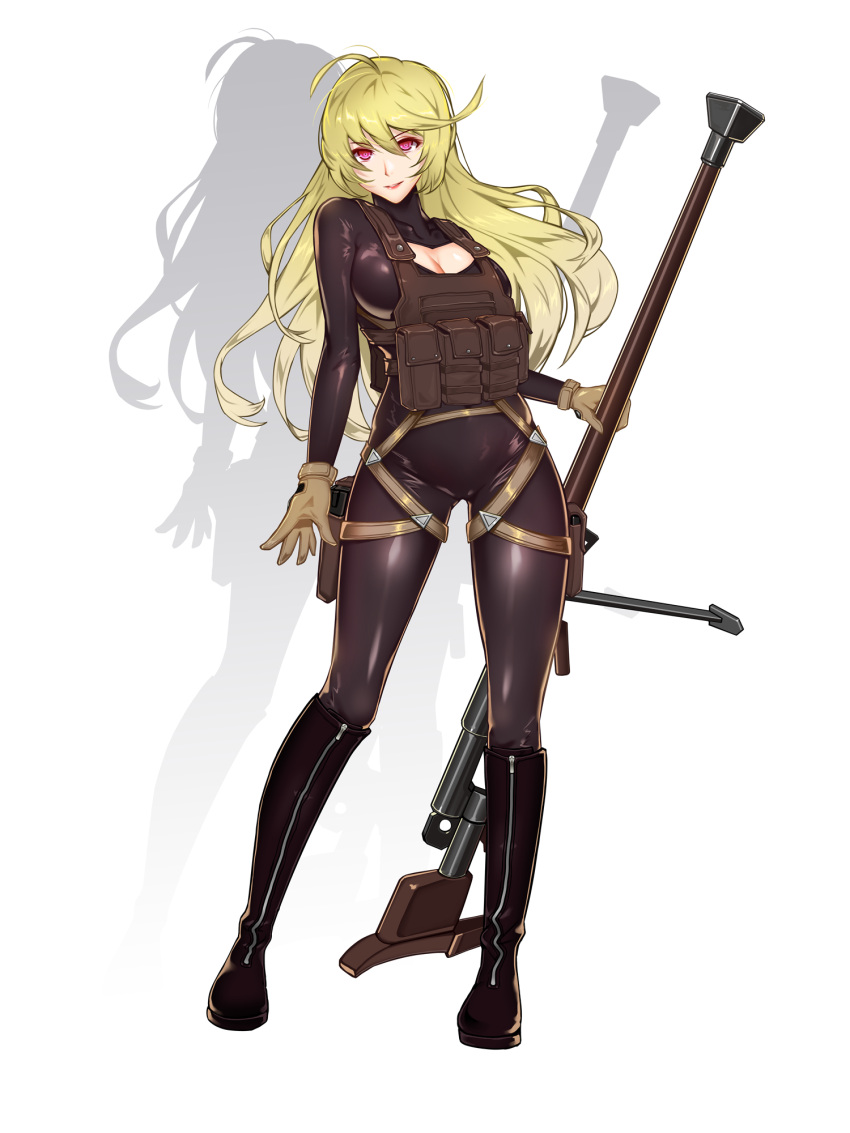 1girl anti-materiel_rifle arm_at_side black_bodysuit black_footwear blonde_hair bodysuit breasts brown_gloves character_request choudan cleavage cleavage_cutout full_body girls_frontline gloves gun highres holding holding_gun holding_weapon large_breasts long_hair looking_at_viewer pouch ptrd-41 ptrd-41_(girls_frontline) rifle smile sniper_rifle solo standing very_long_hair violet_eyes weapon