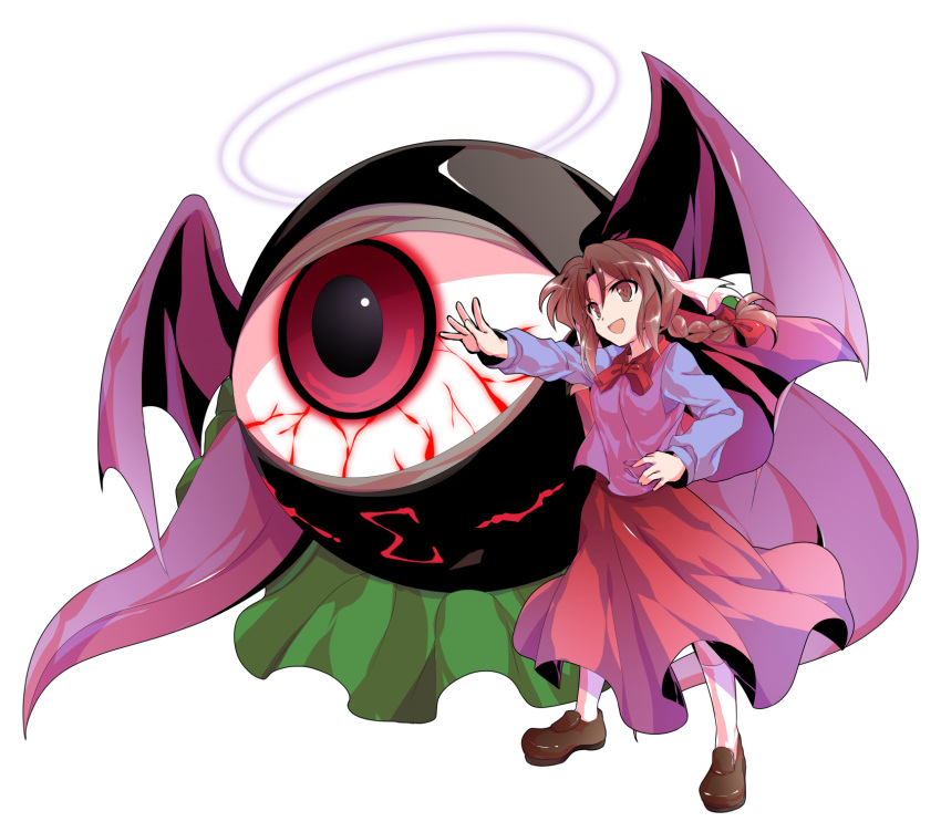 1girl :d alphes_(style) bangs bat_wings blue_shirt bow bowtie braid breasts brown_eyes brown_footwear brown_hair dairi evil_eye_sigma eyeball eyebrows eyebrows_visible_through_hair full_body hair_between_eyes hair_bow hair_intakes halo hat highres legs_apart loafers long_hair long_sleeves medium_breasts open_mouth outstretched_arm palms parody purple_vest purple_wings red_bow red_hat red_neckwear red_skirt rika_(touhou) shirt shoes simple_background skirt smile solo standing style_parody touhou touhou_(pc-98) transparent_background twin_braids vest white_legwear wings