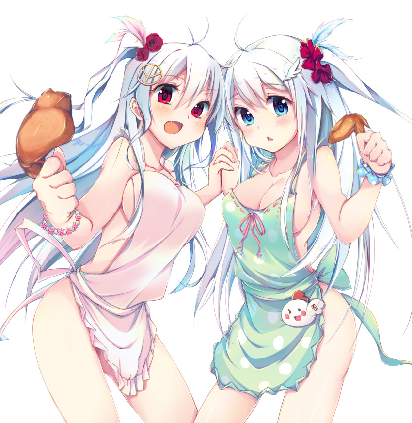 2girls ahoge airmisuzu antenna_hair apron bangs bare_shoulders bird blue_eyes blush bow bracelet breasts chicken chicken_(food) cleavage collarbone cowboy_shot erect_nipples eyebrows eyebrows_visible_through_hair eyelashes facing_another fang feathers fingernails flower food frilled_apron frills green_apron green_bow hair_between_eyes hair_feathers hair_flower hair_ornament hand_holding highres holding holding_food interlocked_fingers jewelry legs_apart long_fingernails long_hair looking_at_viewer meat medium_breasts multiple_girls naked_apron one_side_up open_mouth original peace_symbol pink_apron pink_ribbon polka_dot polka_dot_apron red_eyes red_flower red_rose ribbon ribbon-trimmed_apron ribbon-trimmed_clothes ribbon_trim rose scrunchie sideboob sidelocks simple_background standing tareme tongue triangle_mouth white_background white_hair wing_hair_ornament wrist_scrunchie