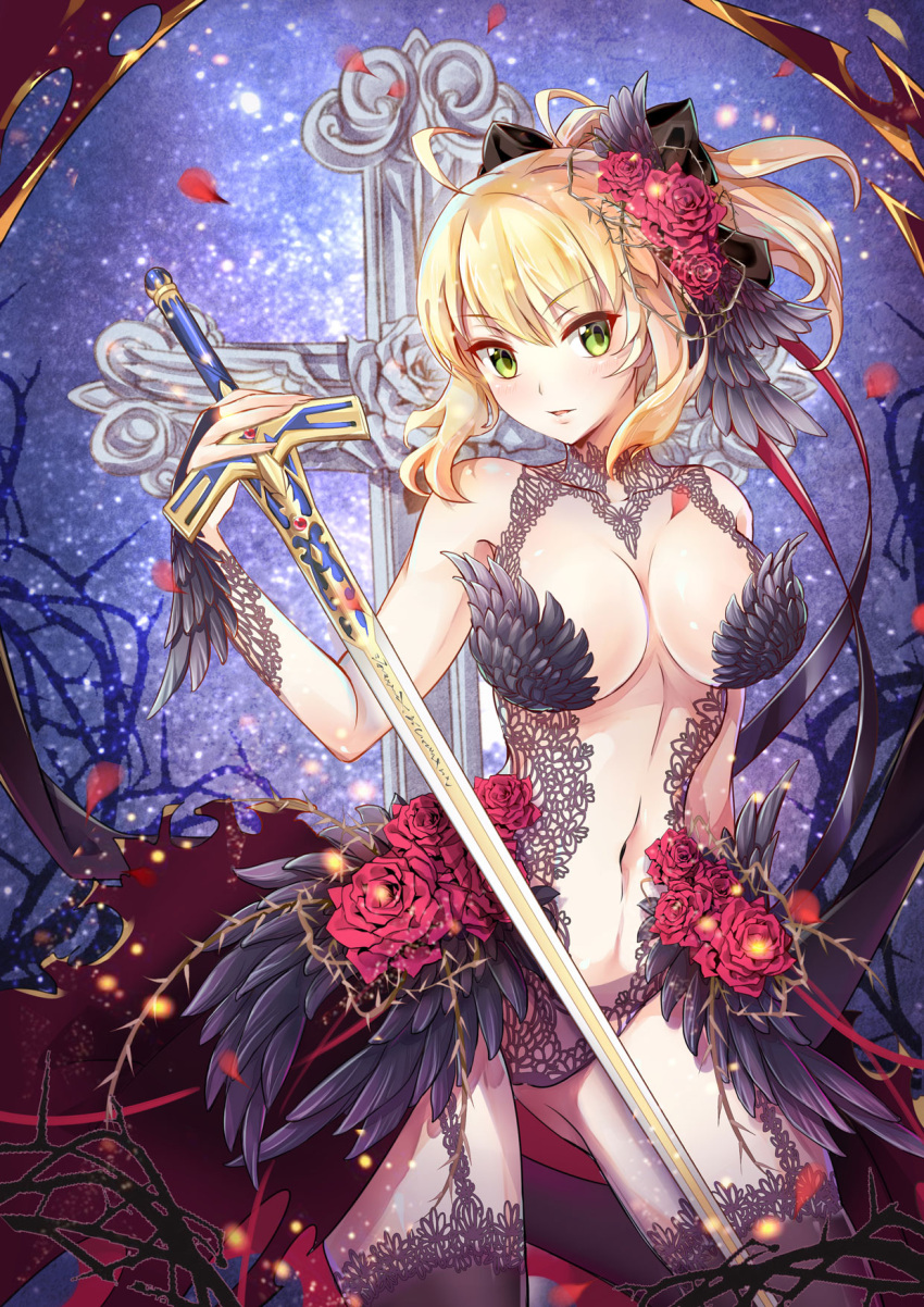 1girl ahoge alternate_costume artoria_pendragon_(all) blonde_hair breasts caliburn death-the-cat excalibur fate/unlimited_codes fate_(series) flower garter_straps green_eyes highres holding holding_sword holding_weapon large_breasts looking_at_viewer navel petals ponytail red_flower red_rose rose rose_petals saber_lily solo sword weapon