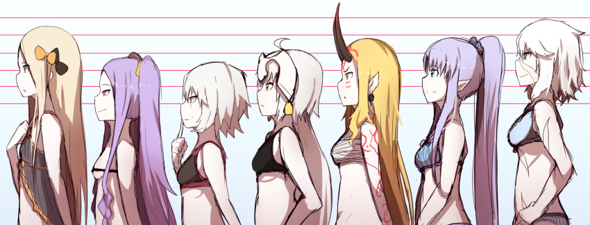 6+girls abigail_williams_(fate/grand_order) ahoge bare_shoulders bell black_bow black_bra black_ribbon blonde_hair blue_bra blue_eyes blue_panties bow bra breasts bust_chart caster caster_lily character_request closed_mouth earrings facial_mark fang fang_out fate/grand_order fate_(series) hair_bow hair_ornament hair_scrunchie headpiece high_ponytail highres ibaraki_douji_(fate/grand_order) jack_the_ripper_(fate/apocrypha) jeanne_d'arc_(fate)_(all) jeanne_d'arc_alter_santa_lily jewelry long_hair mary_read_(fate/grand_order) medium_breasts multiple_girls oni_horns orange_bow panties parted_lips pointy_ears ponytail profile purple_hair ribbon ribbon_bra sarashi scar scar_across_eye scrunchie short_hair sidelocks silver_hair sketch small_breasts smile tattoo twintails underwear underwear_only very_long_hair wadakazu wu_zetian_(fate/grand_order) yellow_eyes yellow_scrunchie