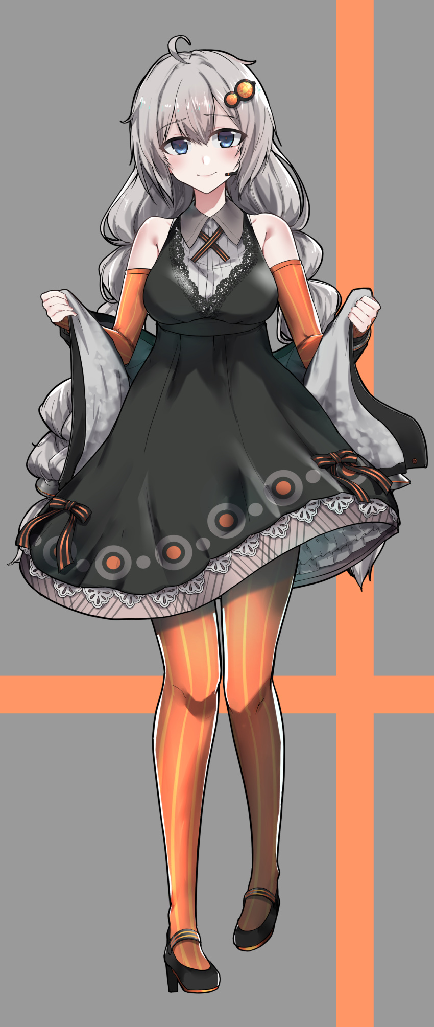 1girl absurdres ahoge bangs bare_shoulders black_dress black_footwear blue_eyes blush braid breasts closed_mouth collared_dress colored_stripes detached_sleeves dress eyebrows_visible_through_hair full_body grey_background hair_ornament hairpin high_heels highres holding kizuna_akari long_hair long_sleeves looking_at_viewer medium_breasts orange_legwear shawl shiny shiny_hair silver_hair smile solo standing star striped striped_legwear striped_sleeves tanaka_keiji twin_braids two-tone_background vertical-striped_legwear vertical_stripes voiceroid