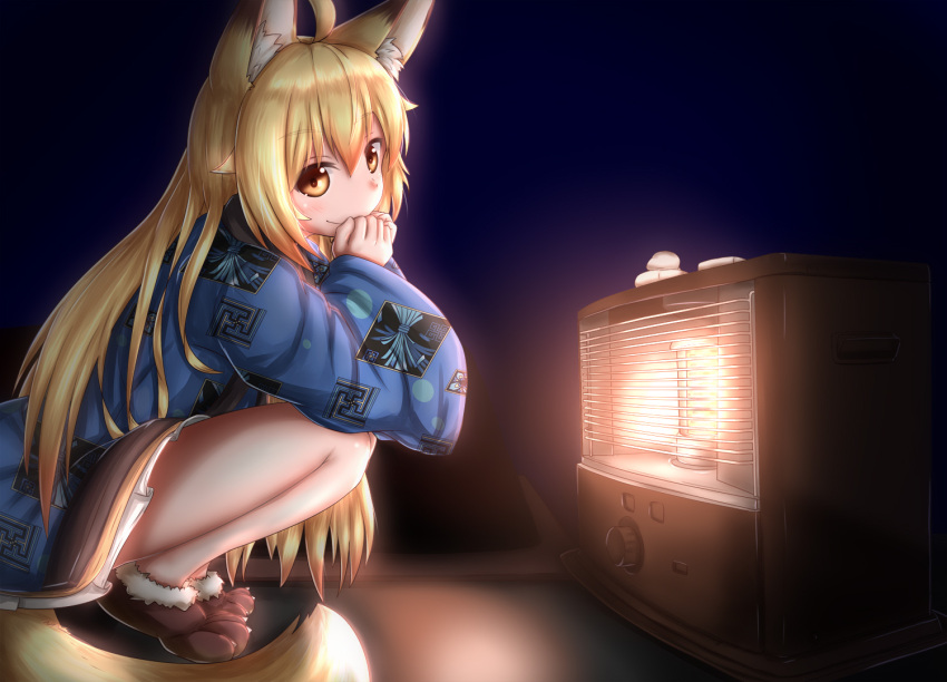 1girl ahoge animal_ears bangs blonde_hair brown_eyes clenched_hands commentary_request covering_mouth eyebrows_visible_through_hair fox_ears fox_girl fox_tail from_side hanten_(clothes) heater horokusa_(korai) indoors japanese_clothes korai_(horokusa) long_hair long_sleeves looking_at_viewer original paw_shoes shoes smile solo squatting tail wide_sleeves