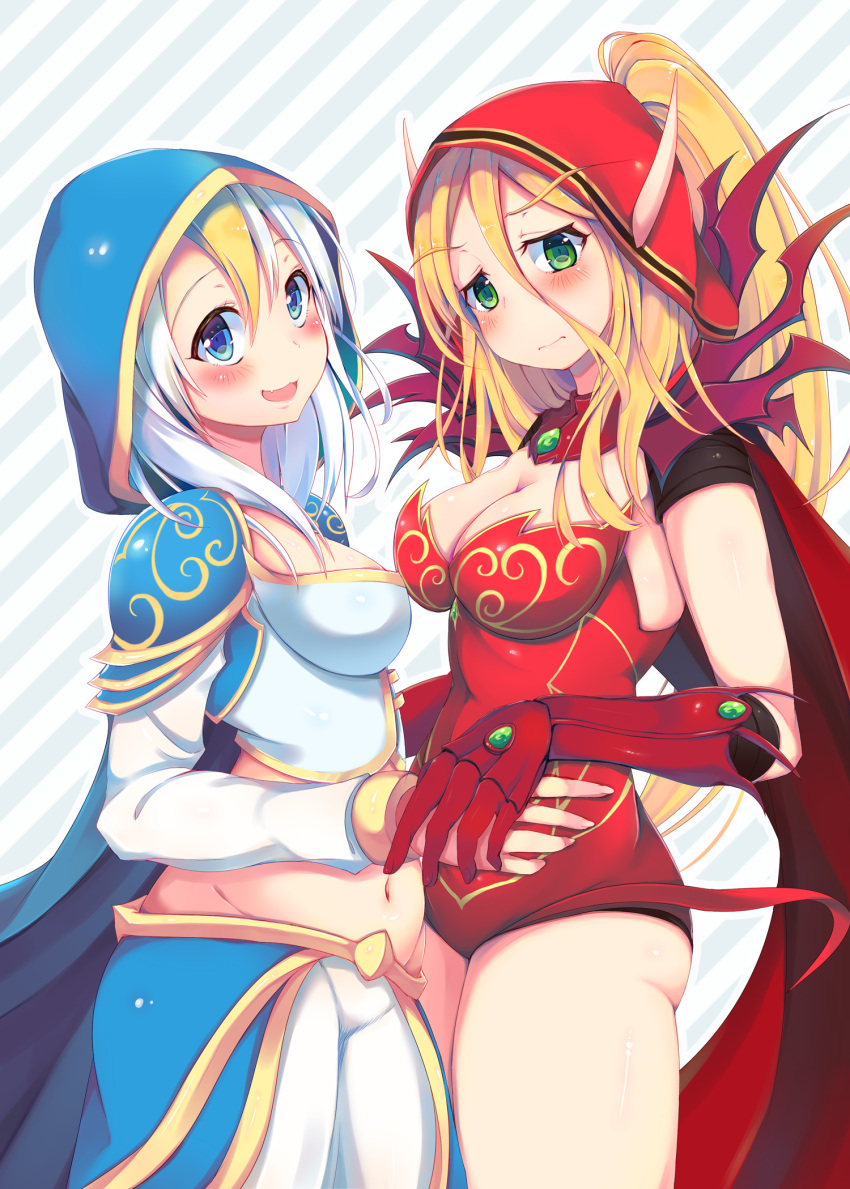 2girls :3 :d airmisuzu armor bangs blonde_hair blood_elf blue_eyes blush breasts cape cleavage closed_mouth cowboy_shot diamond_(shape) elbow_gloves elf eyebrows eyebrows_visible_through_hair eyelashes facing_another fang fingernails frown gem gloves green_eyes groin hair_between_eyes hand_holding head_tilt high_ponytail highres hood hood_up jaina_proudmoore legs_together leotard lips long_hair long_sleeves looking_at_viewer medium_breasts multicolored_hair multiple_girls navel open_mouth outline pants pink_lips pointy_ears red_cape red_gloves red_leotard shoulder_pads smile stomach streaked_hair striped striped_background tareme tongue tsurime two-tone_hair valeera_sanguinar warcraft white_hair white_outline white_pants world_of_warcraft