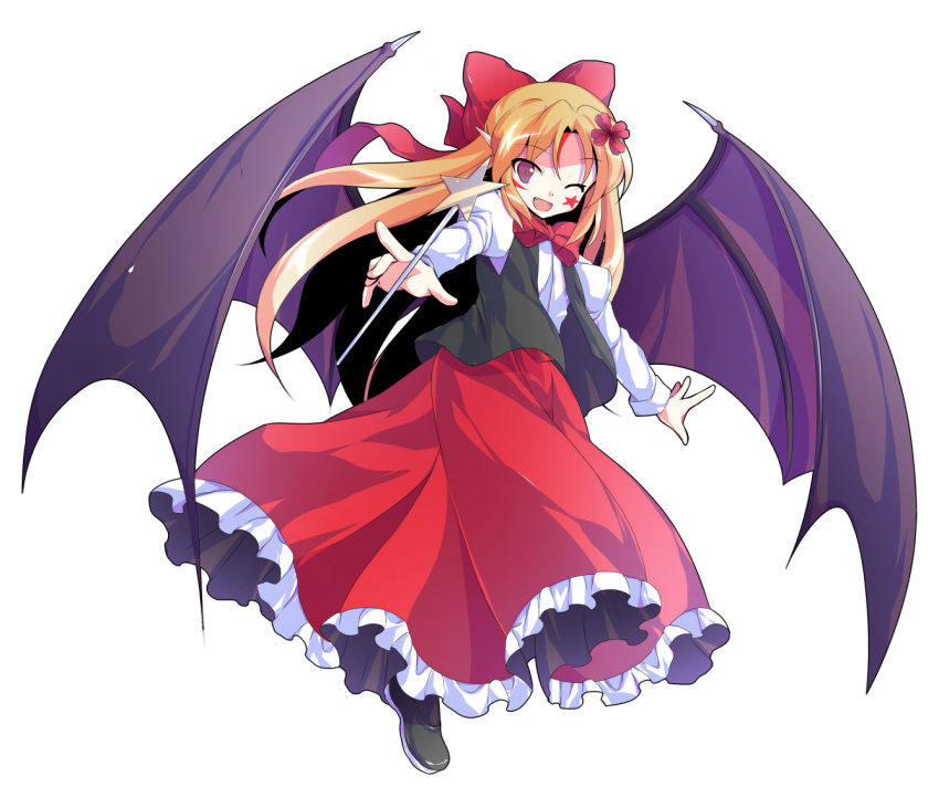 1girl alphes_(style) bangs bat_wings black_footwear black_vest blonde_hair bow bowtie dairi elis_(touhou) eyebrows eyebrows_visible_through_hair facial_mark facing_away flat_chest flower frilled_skirt frills full_body hair_between_eyes hair_bow hair_flower hair_intakes hair_ornament loafers long_hair long_skirt long_sleeves looking_at_viewer open_clothes open_vest parody pointy_ears puffy_long_sleeves puffy_sleeves red_bow red_neckwear red_skirt shirt shoes simple_background skirt solo star style_parody touhou touhou_(pc-98) transparent_background tsurime vest violet_eyes wand white_shirt wings