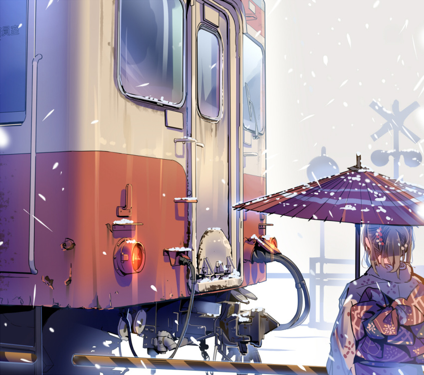 1girl brown_hair daito from_behind ground_vehicle japanese_clothes kimono oriental_umbrella original outdoors short_hair snowing solo train umbrella