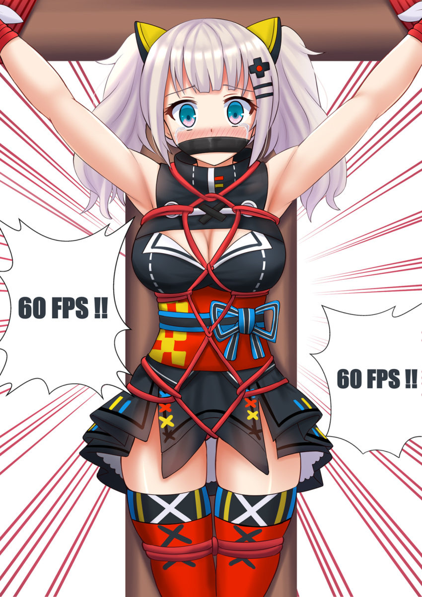 1girl armpits arms_up bangs bare_shoulders blue_eyes blunt_bangs bound bound_arms bound_legs bound_torso breasts cleavage cleavage_cutout crucifixion crying crying_with_eyes_open emphasis_lines gag hair_ornament hairclip highres japanese_clothes kaguya_luna kaguya_luna_(character) kazenokaze kimono large_breasts long_hair looking_at_viewer multicolored multicolored_eyes obi outstretched_arms pink_eyes red_legwear restrained sash short_kimono silver_hair simple_background skindentation sleeveless sleeveless_kimono solo spread_arms stationary_restraints streaming_tears tareme tears thigh-highs tied_up twintails white_background