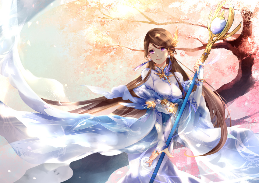 1girl absurdres amu_(adslli0709) breasts bridal_gauntlets brown_hair character_request copyright_request dress earrings gem gold highres jewelry large_breasts long_hair looking_at_viewer obi pink_lips purple_dress sash smile solo staff tree very_long_hair violet_eyes