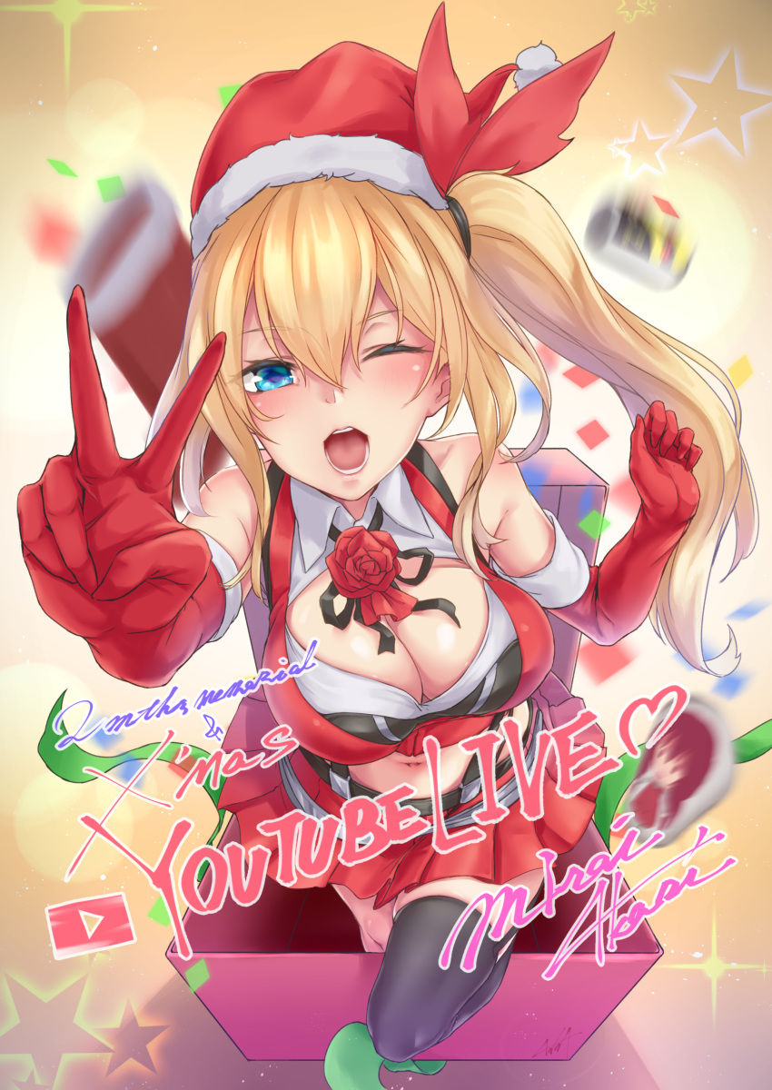 1girl absurdres bangs bare_shoulders black_legwear black_ribbon blonde_hair blurry blurry_background blush box breasts bustier character_name christmas cleavage cleavage_cutout confetti crop_top elbow_gloves english flower foreshortening fur_trim gift gift_box gloves hair_between_eyes hair_ribbon hat highres kurofude_anastasia large_breasts long_hair looking_at_viewer merry_christmas midriff miniskirt mirai_akari mirai_akari_project navel open_mouth pleated_skirt red_flower red_gloves red_hat red_rose red_skirt ribbon rose santa_costume santa_hat side_ponytail skirt solo star thigh-highs v very_long_hair wind