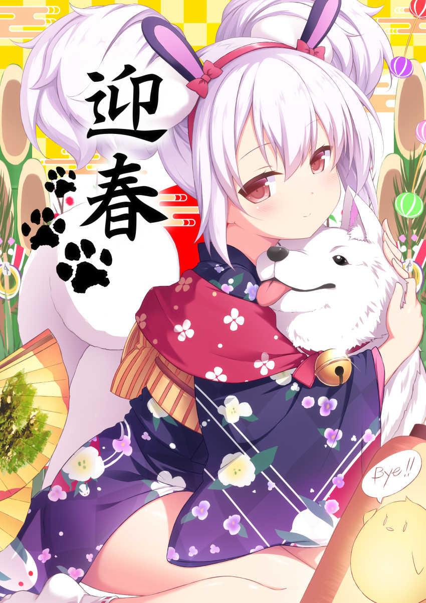 1girl absurdres animal animal_ears animal_hug azur_lane bangs bell blue_kimono blush bow brown_eyes checkered checkered_background closed_mouth commentary_request dog double_bun egasumi eyebrows_visible_through_hair fan floral_print folding_fan hair_between_eyes hair_bow hairband highres japanese_clothes jingle_bell kimono laffey_(azur_lane) looking_at_viewer looking_to_the_side new_year obi print_kimono rabbit_ears red_bow red_hairband revision ribbon-trimmed_legwear ribbon_trim sasakura_momiji sash silver_hair sitting smile socks solo wariza white_legwear year_of_the_dog