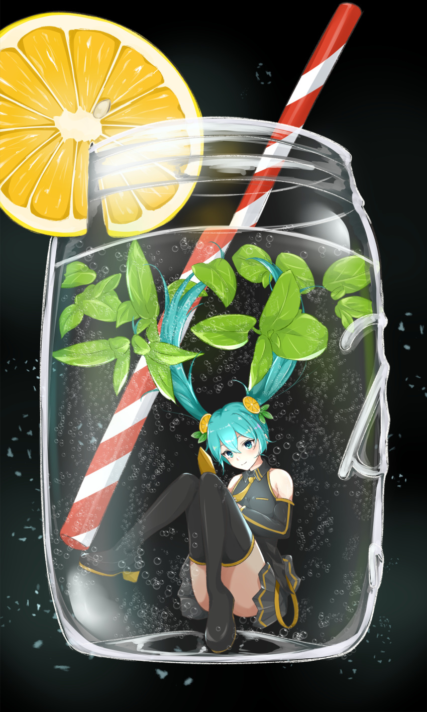 1girl air_bubble aqua_eyes aqua_hair bangs black_background boots bubble cocktail convenient_leg cup detached_sleeves drinking_straw food food_themed_hair_ornament fruit hair_between_eyes hair_ornament hatsune_miku highres hoshimiya_mashiro in_container in_cup leaf lemon lemon_hair_ornament lemon_slice long_hair looking_at_viewer mint necktie pleated_skirt skirt smile solo thigh-highs thigh_boots twintails underwater vocaloid water wing_collar yellow_neckwear