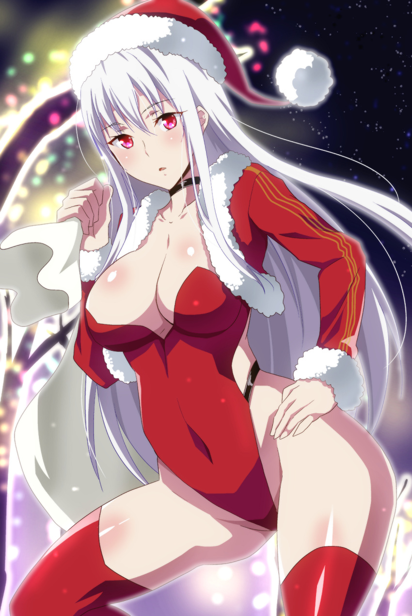 1girl bag blush breasts character_request choker christmas cleavage collarbone covered_navel dress hair_between_eyes hat hera_(hara0742) highres holding jacket large_breasts leotard long_hair looking_at_viewer open_mouth outdoors phantasy_star phantasy_star_online_2 red_eyes santa_hat short_dress silver_hair skin_tight solo