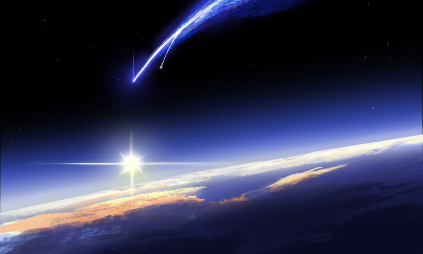 absurdres clouds comet commentary english_commentary eo0wjg09wer highres horizon kimi_no_na_wa. lens_flare no_humans outdoors scenery sky space star_(sky) starry_sky sunset
