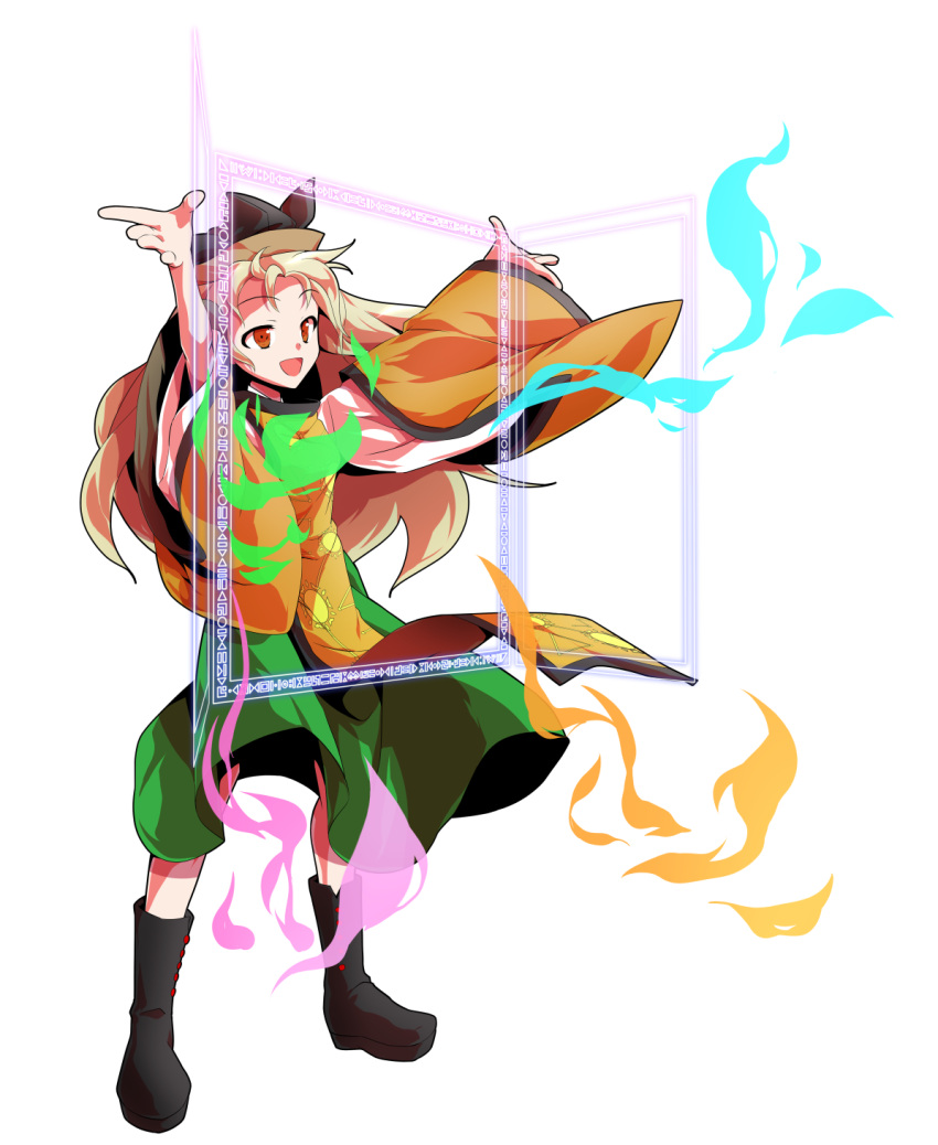 1girl :d alphes_(style) arms_up bangs black_footwear black_hat blonde_hair blue_fire boots constellation constellation_print dairi detached_sleeves door eyebrows eyebrows_visible_through_hair facing_away fire full_body green_fire green_skirt hat highres legs_apart long_hair long_sleeves looking_away matara_okina open_mouth orange_eyes outstretched_arms parody purple_fire raised_eyebrows shirt simple_background skirt smile solo standing style_parody tabard touhou transparent_background white_shirt wide_sleeves