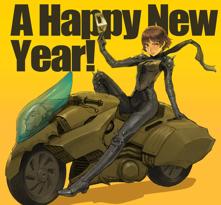 1girl 2018 bicycle biker_clothes bodysuit braid brown_hair crown_braid full_body ground_vehicle looking_at_viewer mask niijima_makoto persona persona_5 red_eyes shoulder_spikes simple_background smile solo spikes