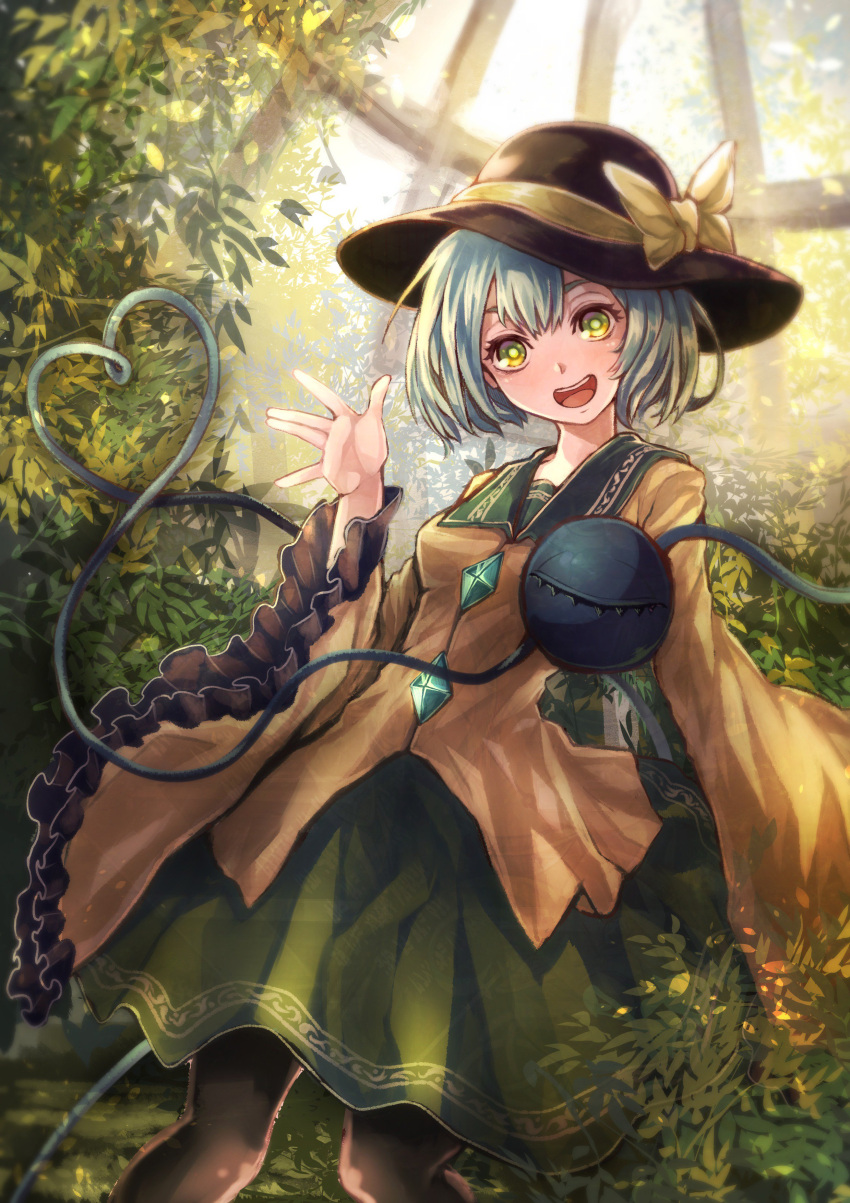1girl absurdres black_hat black_legwear blouse bow bush commentary_request dai_(yamii) frilled_sleeves frills green_eyes green_hair green_skirt greenhouse hand_up hat hat_bow head_tilt heart heart_of_string highres komeiji_koishi long_sleeves looking_at_viewer miniskirt open_mouth outdoors pantyhose skirt smile solo third_eye touhou waving wide_sleeves yellow_bow