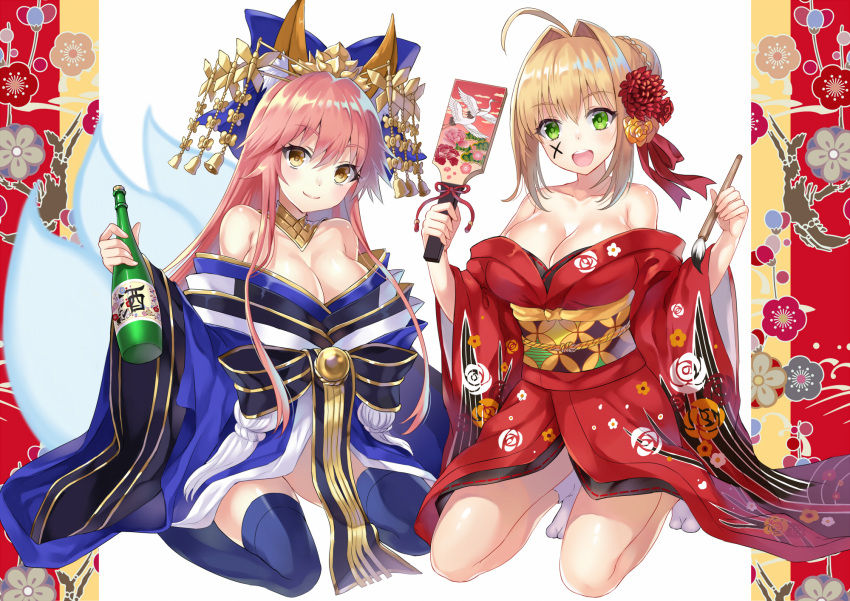2girls ahoge animal_ears blonde_hair blue_legwear blush bottle bow braid breasts cleavage collarbone fate/extra fate/grand_order fate_(series) flower fox_ears fox_tail french_braid green_eyes hair_bow hair_bun hair_flower hair_ornament hair_ribbon harimoji highres japanese_clothes kimono large_breasts looking_at_viewer multiple_girls multiple_tails nero_claudius_(fate) nero_claudius_(fate)_(all) off_shoulder pink_hair red_kimono ribbon sake_bottle sitting tail tamamo_(fate)_(all) tamamo_no_mae_(fate) thigh-highs wariza yellow_eyes