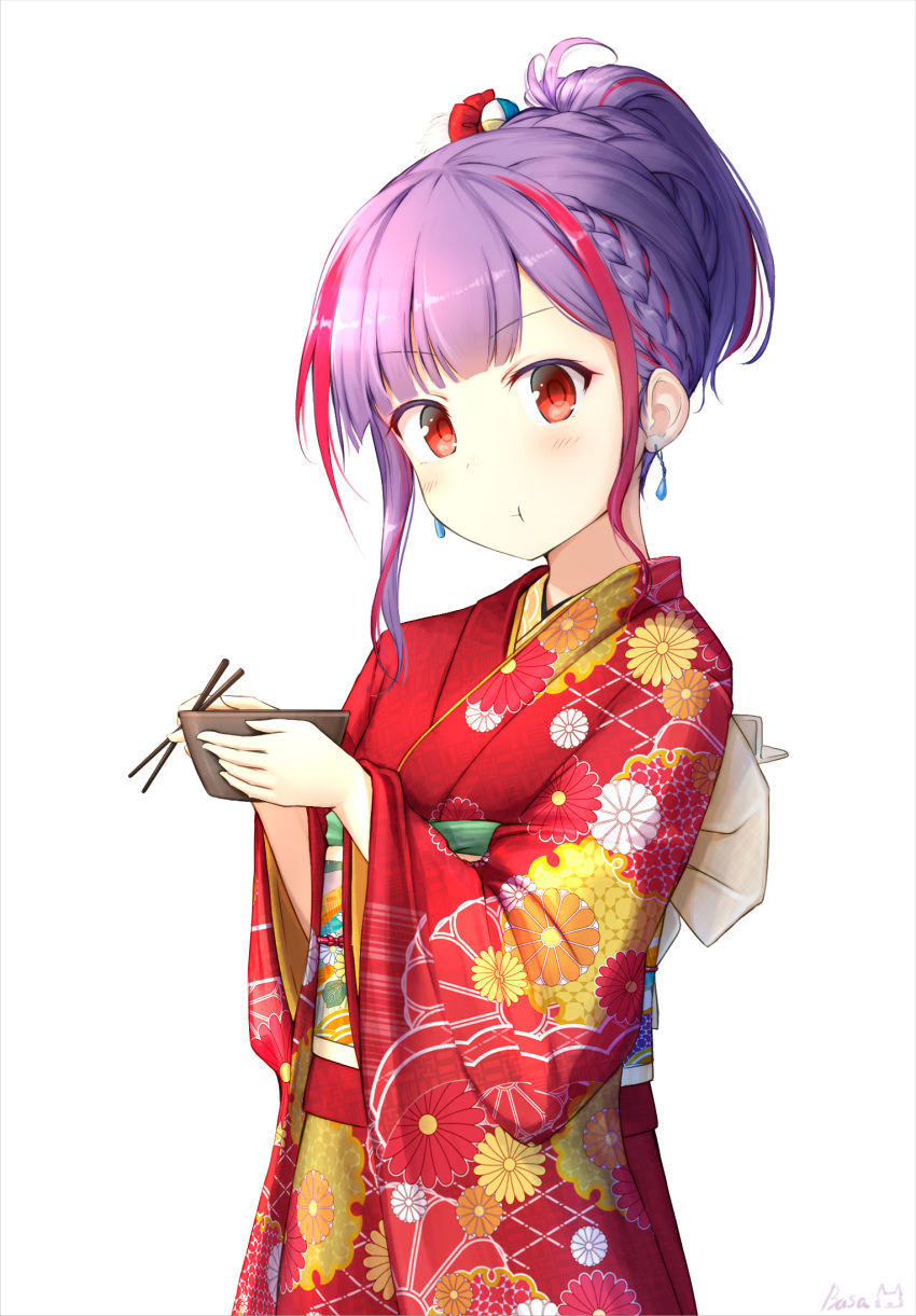 1girl :t bangs basa_rutan blush bowl chopsticks closed_mouth commentary_request eating eyebrows_visible_through_hair floral_print highres holding holding_bowl holding_chopsticks japanese_clothes kimono long_sleeves multicolored_hair original print_kimono purple_hair red_eyes red_kimono redhead signature simple_background solo streaked_hair v-shaped_eyebrows white_background wide_sleeves