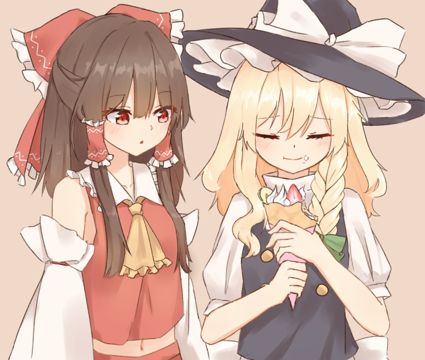 2girls :o ascot blonde_hair blouse blush bow braid breasts brown_hair check_commentary commentary commentary_request crepe detached_sleeves eating food food_on_face frilled_shirt_collar frills hair_bow hair_ribbon hair_tubes hakurei_reimu half_updo happy hat hat_bow hat_ribbon kirisame_marisa large_bow long_hair long_sleeves marisuku multiple_girls navel puffy_short_sleeves puffy_sleeves red_eyes ribbon ribbon-trimmed_sleeves ribbon_trim short_sleeves side_braid single_braid skirt skirt_set small_breasts smile touhou vest wide_sleeves witch_hat