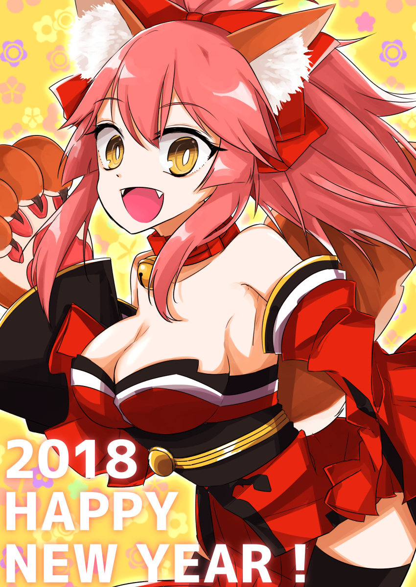 1girl 2018 @_@ absurdres animal_ears bare_shoulders bell bell_collar black_legwear blush breasts cat_paws cleavage collar collarbone detached_sleeves fangs fate/grand_order fate_(series) fox_ears fox_tail gloves hair_ribbon highres hosituyu26 japanese_clothes jingle_bell kimono large_breasts looking_at_viewer new_year open_mouth paw_gloves paws pink_hair ponytail red_kimono ribbon solo tail tamamo_(fate)_(all) tamamo_cat_(fate) thigh-highs yellow_eyes