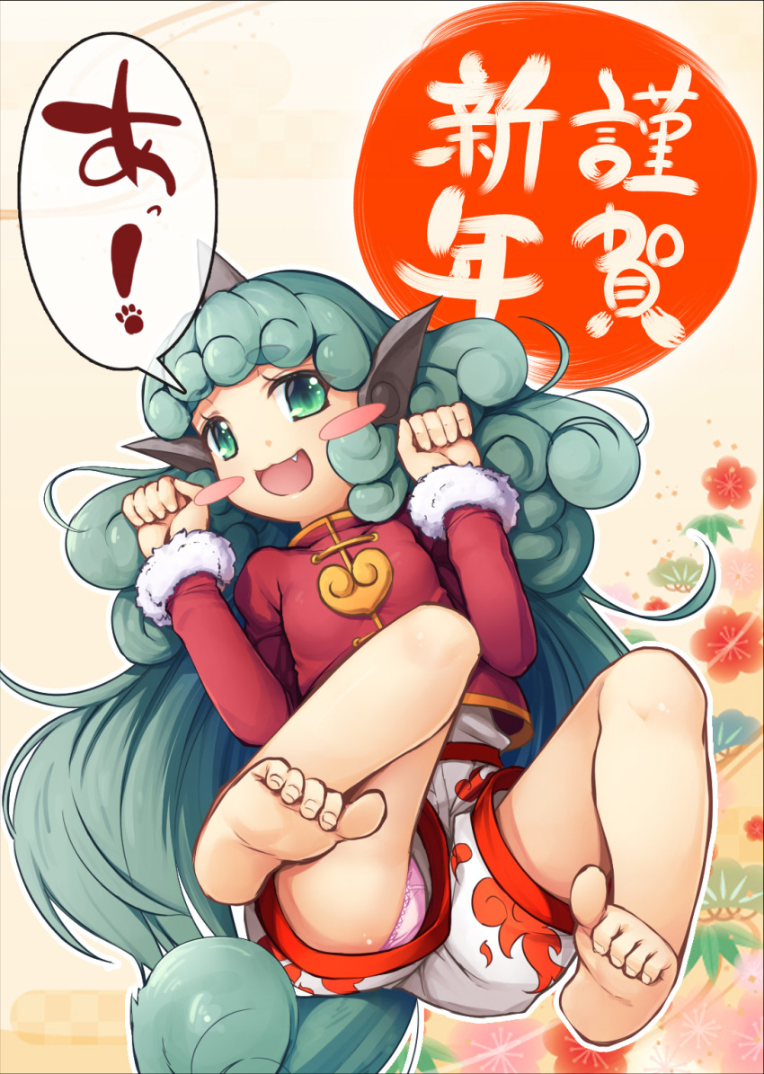 ! 1girl :d barefoot blush_stickers chima_q cloud_print commentary_request curly_hair eyebrows_visible_through_hair fang feet fur-trimmed_sleeves fur_trim green_eyes green_hair happy_new_year highres horn kariyushi_shirt komano_aun long_hair looking_at_viewer new_year open_mouth outline panties panty_peek pink_panties red_shirt shirt shorts smile solo spoken_exclamation_mark tail thick_eyebrows toes touhou underwear very_long_hair white_outline white_shorts