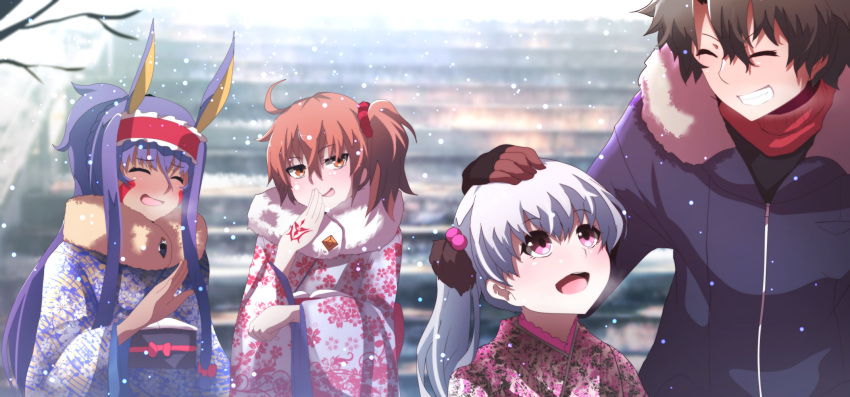 1boy 3girls :d ^_^ bangs black_gloves black_kimono blue_jacket blurry blurry_background blush breath brown_hair character_request closed_eyes command_spell dark_skin day depth_of_field eyebrows_visible_through_hair facial_mark fate/extra fate/grand_order fate_(series) floral_print frills fujimaru_ritsuka_(female) fur-trimmed_jacket fur_collar fur_trim gloves grey_kimono grin hair_between_eyes hair_bobbles hair_ornament hair_scrunchie hand_on_another's_head hand_to_own_mouth headband high_ponytail highres jackal_ears jacket japanese_clothes kimono long_hair long_sleeves looking_at_another multiple_girls nitocris_(fate/grand_order) nursery_rhyme_(fate/extra) obi open_mouth outdoors ponytail print_kimono purple_hair red_scrunchie sash scrunchie side_ponytail sidelocks silver_hair smile smirk snow snowing stairs stone_stairs v-shaped_eyebrows very_long_hair violet_eyes wadakazu wide_sleeves yellow_kimono