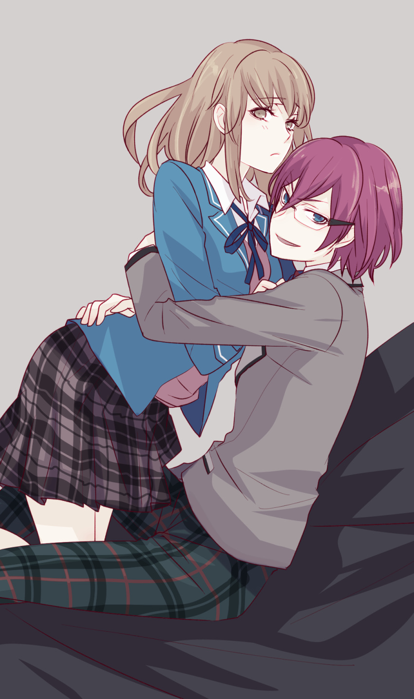 1boy 1girl anzu_(ensemble_stars!) blazer blue_eyes brown_hair ensemble_stars! glasses highres hug jacket long_hair necktie pants plaid plaid_pants redhead saegusa_ibara school_uniform short_hair sidelocks skirt smile yumenosaki_school_uniform