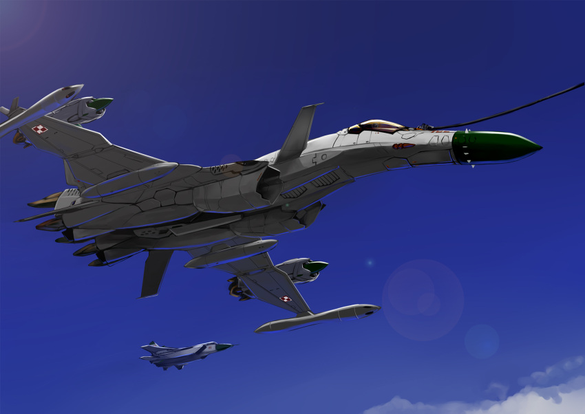aircraft airplane anti-u.n. canards clouds commentary_request fighter_jet flying highres hose jet macross macross_zero mecha mig-25 mig-31 military military_vehicle mizuki_(mizuki_ame) real_life realistic refueling roundel science_fiction sv-51 variable_fighter