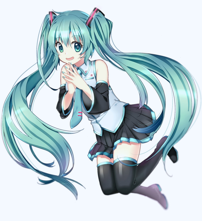 1girl aqua_hair bangs boots detached_sleeves eyebrows_visible_through_hair full_body green_eyes hatsune_miku highres long_hair looking_at_viewer nail_polish necktie open_mouth pleated_skirt simple_background skirt smile solo steepled_fingers takashina_taaa thigh-highs thigh_boots twintails very_long_hair vocaloid white_background