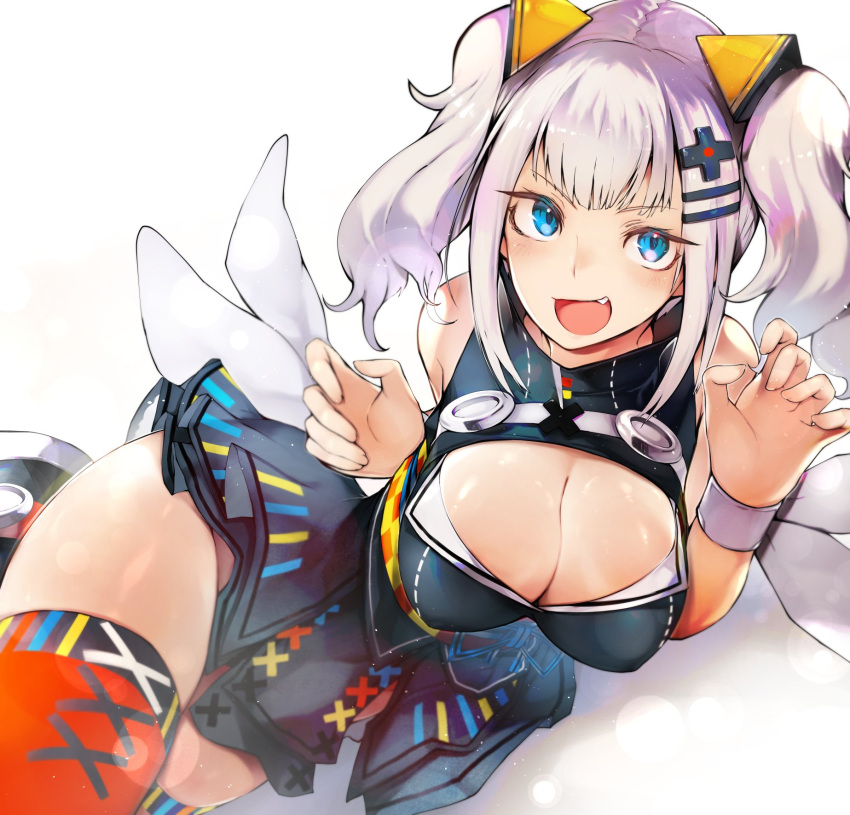 1girl bangs blue_eyes breasts claw_pose cleavage cleavage_cutout dress fang hair_ornament highres kaguya_luna kaguya_luna_(character) large_breasts lying nishiide_kengorou on_side open_mouth silver_hair sleeveless thigh-highs twintails