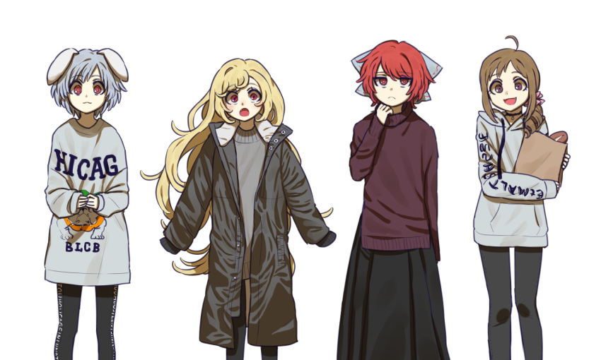 4girls :&lt; ahoge alien_(psr992) animal_ears arm_at_side bag black_legwear black_skirt blonde_hair blue_bow blue_hair bow bread brown_eyes brown_hair casual character_request choker clownpiece contemporary drawstring expressionless fang food hair_bow hair_over_shoulder hand_up jacket long_hair long_skirt long_sleeves looking_at_viewer multiple_girls open_mouth own_hands_together pantyhose pink_eyes protected_link rabbit_ears red_eyes redhead reisen sekibanki short_hair simple_background skirt sleeves_past_wrists smile standing sweater touhou very_long_hair white_background