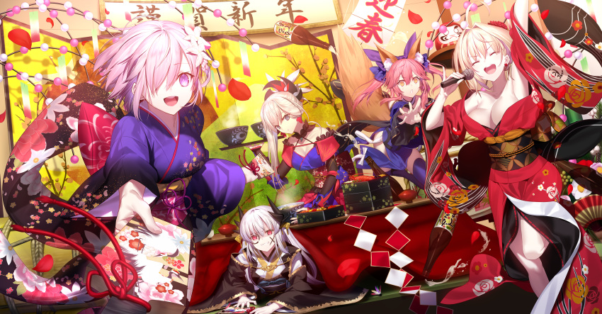 5girls absurdres ahoge alcohol animal_ears blonde_hair blue_legwear bow bowl breasts cleavage closed_eyes earrings face_painting fate/grand_order fate_(series) flower food fox_ears fox_tail grey_eyes hair_between_eyes hair_bow hair_flower hair_ornament hair_over_one_eye highres japanese_clothes jewelry kimono kiyohime_(fate/grand_order) kotatsu legs looking_at_viewer lying mash_kyrielight microphone miyamoto_musashi_(fate/grand_order) mouth multiple_girls music nero_claudius_(fate) nero_claudius_(fate)_(all) new_year noodles open_mouth orange_eyes pink_hair purple_hair reaching_out sash shinooji short_hair sign silver_hair singing steam table tail tamamo_(fate)_(all) tamamo_no_mae_(fate) thighs tray twintails yellow_eyes