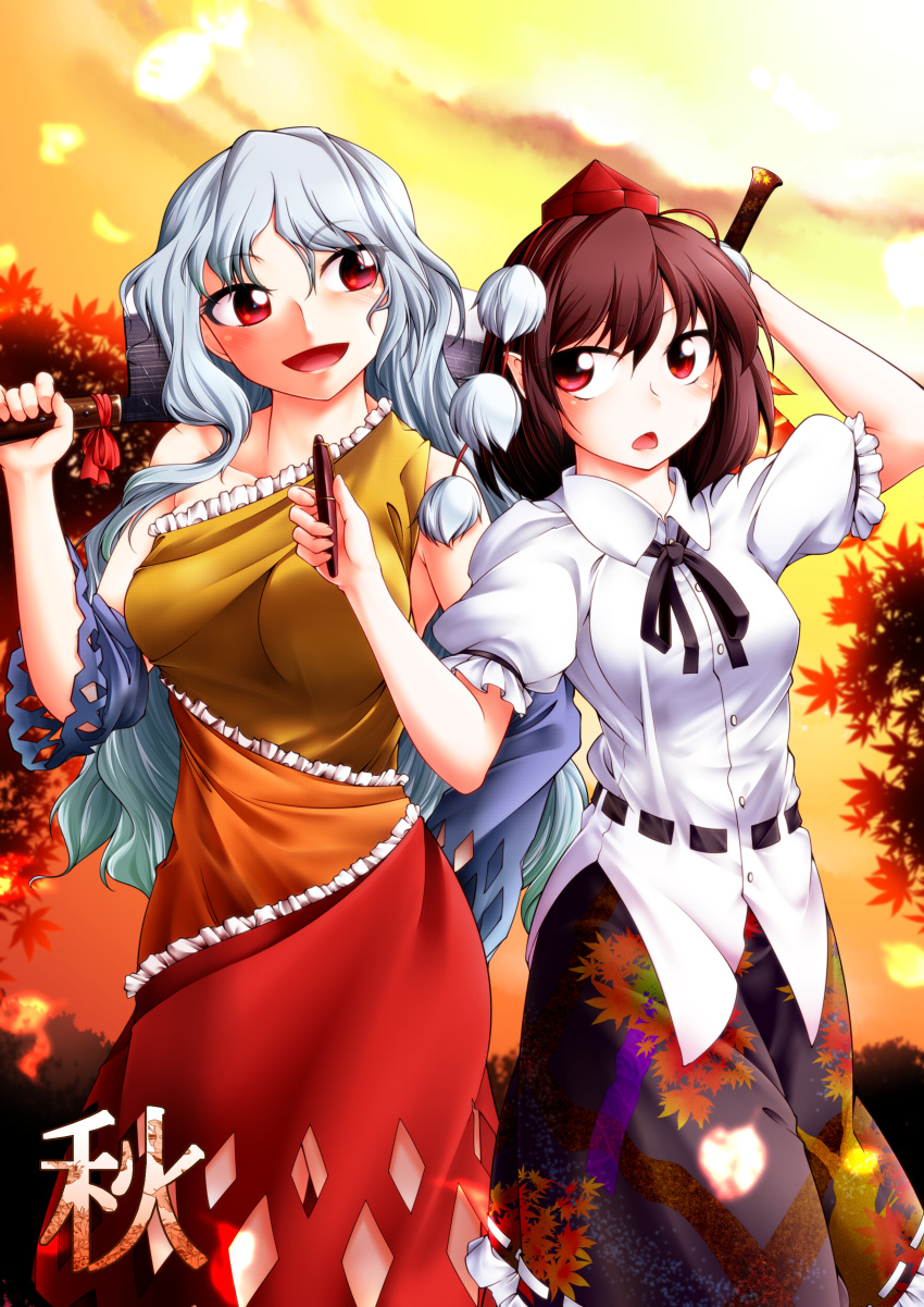 0-den 2girls absurdres autumn_leaves autumn_leaves_print bare_shoulders black_hair blush bow clouds hatchet highres holding holding_pen leaf_print long_hair looking_at_another multiple_girls oriental_hatchet pointy_ears red_bow red_eyes red_ribbon ribbon sakata_nemuno shameimaru_aya short_hair silver_hair touhou