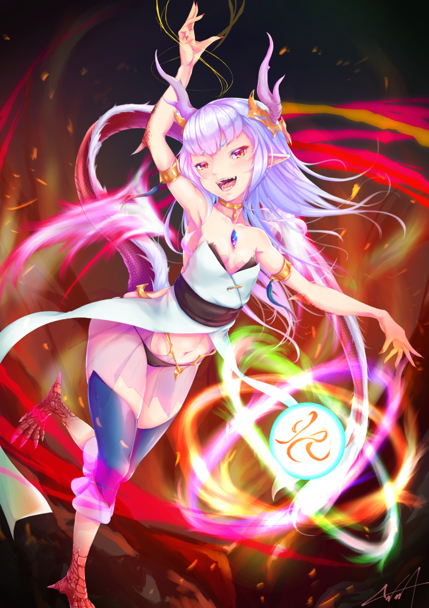 1girl armlet armpits bangs black_panties breasts claws collarbone crown dragon_girl dragon_horns dragon_tail fantasy gem gold highres horns jewelry kurofude_anastasia long_hair looking_at_viewer magic monster_girl nail_polish navel necklace open_mouth orange_eyes orb original panties red_nails revealing_clothes sash scales see-through sharp_teeth short_eyebrows silver_hair skirt sleeveless small_breasts solo strapless tail teeth underwear wings