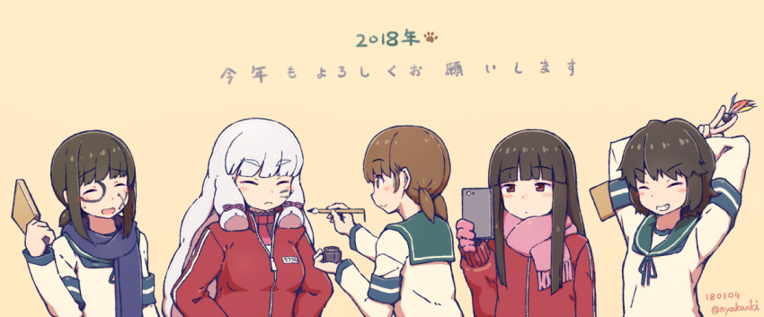 2018 5girls arms_behind_back bangs beige_background black_hair blue_scarf blunt_bangs brown_eyes brown_hair calligraphy_brush cellphone character_name closed_eyes collared_shirt dated dress eyebrows_visible_through_hair fubuki_(kantai_collection) hagoita hair_ribbon hatsuyuki_(kantai_collection) hime_cut holding holding_brush holding_phone jacket kantai_collection long_hair long_sleeves low_ponytail low_twintails miyuki_(kantai_collection) multiple_girls mumyoudou murakumo_(kantai_collection) neckerchief necktie new_year paddle paintbrush phone pink_mittens pink_scarf ponytail red_neckwear remodel_(kantai_collection) ribbon sailor_collar sailor_dress scarf school_uniform serafuku shirayuki_(kantai_collection) shirt short_eyebrows short_hair short_ponytail short_twintails sidelocks smartphone smile track_jacket tress_ribbon twintails twitter_username upper_body white_hair
