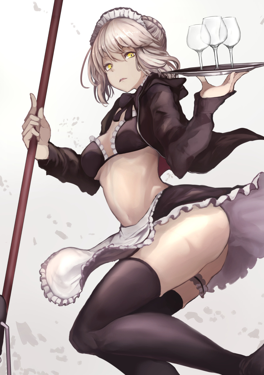 1girl artoria_pendragon_(all) artoria_pendragon_(swimsuit_rider_alter) ass bikini black_bikini black_legwear blonde_hair braid breasts cup drinking_glass fate/grand_order fate_(series) french_braid garter_straps highres jacket jacket_over_swimsuit looking_at_viewer maid_headdress medium_breasts navel neck_ribbon open_mouth ribbon saber_alter short_hair sketch solo swimsuit thigh-highs thighs ton_(artist) tray under_boob white_background wine_glass yellow_eyes