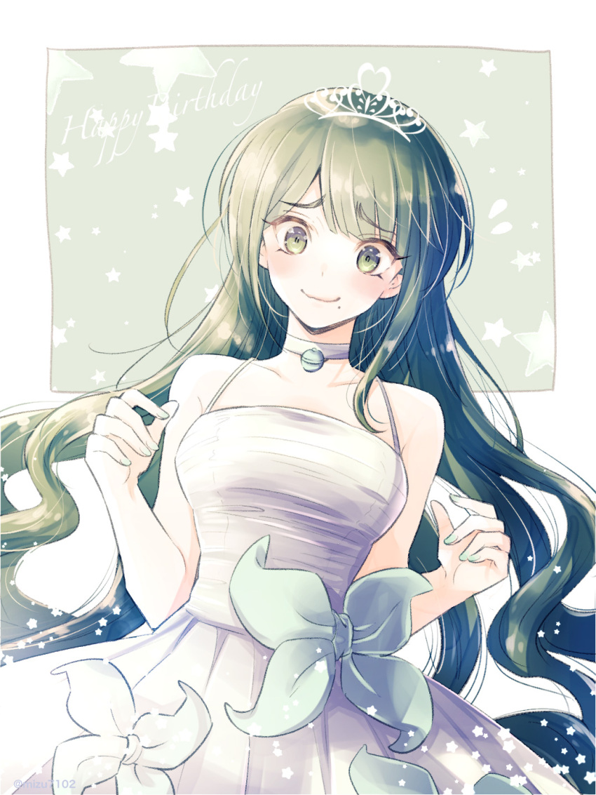 1girl alternate_costume alternate_hairstyle blush breasts chabashira_tenko choker dangan_ronpa dress green_eyes green_hair hair_ornament happy_birthday highres long_hair mizutama mole mole_under_mouth new_dangan_ronpa_v3 smile solo wedding_dress