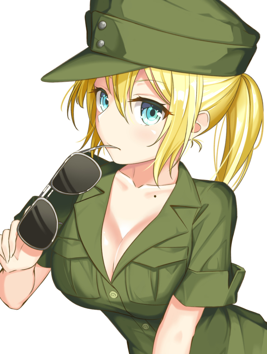 1girl blonde_hair blue_eyes blush breasts cleavage closed_mouth eyebrows_visible_through_hair eyewear_in_mouth green_hat habu. hat highres holding_eyewear large_breasts looking_at_viewer military mole_on_body mouth_hold original short_hair short_ponytail short_sleeves solo sunglasses