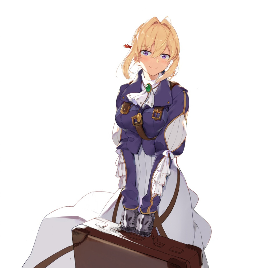 1girl blonde_hair braid dress eyebrows_visible_through_hair hair_ornament holding_briefcase long_hair looking_at_viewer puffy_sleeves smile solo violet_evergarden violet_evergarden_(character) violet_eyes