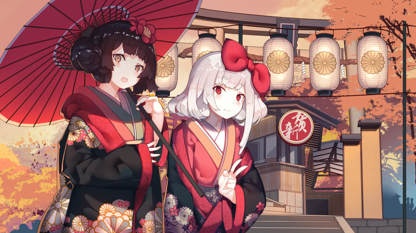 2girls autumn_leaves bangs bird black_coat black_hair blush bow brown_eyes brown_kimono closed_mouth coat commentary_request eyebrows_visible_through_hair fingernails floral_print flower hair_bow hair_bun hair_flower hair_ornament highres holding holding_umbrella japanese_clothes kimono lantern long_sleeves multiple_girls new_year open_mouth oriental_umbrella original outdoors overcoat paper_lantern print_coat rain_lan red_bow red_eyes red_flower short_hair side_bun silver_hair sleeves_past_wrists smile thick_eyebrows umbrella upper_teeth v wide_sleeves
