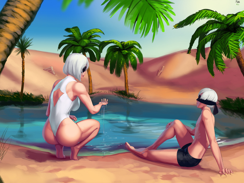 1boy 1girl aka6 ass back back_cutout bare_arms bare_legs bare_shoulders bare_thighs barefoot blindfold breasts bush butt_crack commission covered_eyes desert female from_behind full_body hips large_breasts lips male nier_(series) nier_automata oasis one-piece_swimsuit sand short_hair shorts silver_hair sitting squat squatting swimsuit thighs tiptoes together toned trees water white_swimsuit wide_hips yorha_no._2_type_b yorha_no._9_type_s