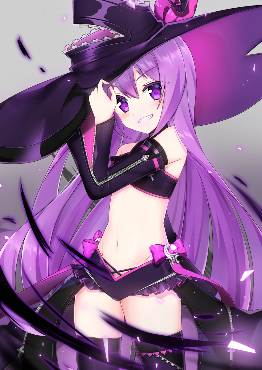 1girl aisha_(elsword) black_hat blush cowboy_shot detached_sleeves elsword eyebrows_visible_through_hair floating_hair grey_background grin groin guild_sweetheart hair_between_eyes hat head_tilt highres long_hair mamel_27 multiple_girls navel partially_unzipped purple_hair purple_legwear simple_background smile solo standing stomach thigh-highs very_long_hair violet_eyes witch_hat