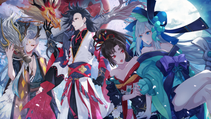 2boys 2girls aoandon bangs bare_shoulders black_hair black_sclera blue_eyes blue_kimono blue_lips blunt_bangs breasts cleavage dragon dragon_horns earrings floral_print flower full_moon hair_flower hair_ornament horns ichimoku_ren ichimokuren_(onmyoji) japanese_clothes jewelry kimono kota_uro legs_crossed long_hair looking_at_another medium_breasts miniskirt moon multiple_boys multiple_girls nail_polish obi off_shoulder onmyoji open_mouth parted_bangs pleated_skirt ponytail red_eyes red_nails sash short_eyebrows silver_hair skirt very_long_hair youtouhime