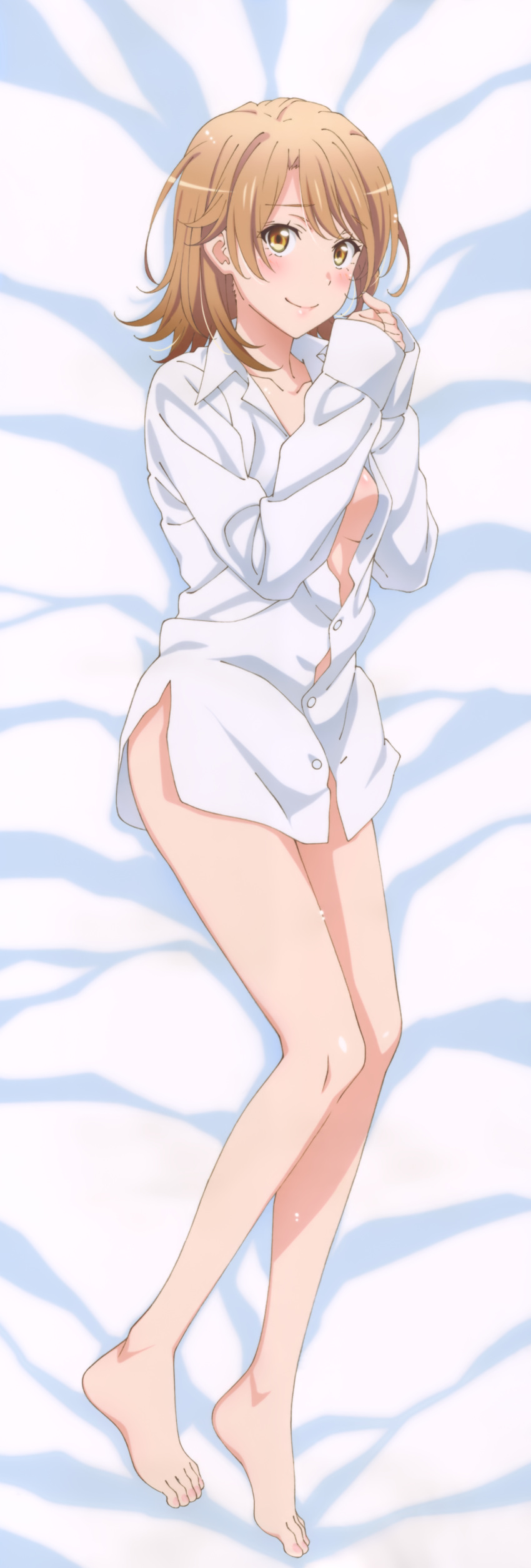 1girl absurdres barefoot bed_sheet blush bottomless breasts brown_eyes brown_hair cleavage collarbone dakimakura dress_shirt feet from_above full_body hands_together highres isshiki_iroha looking_at_viewer lying medium_breasts naked_shirt on_side shiny shiny_skin shirt short_hair smile solo toes white_shirt yahari_ore_no_seishun_lovecome_wa_machigatteiru.