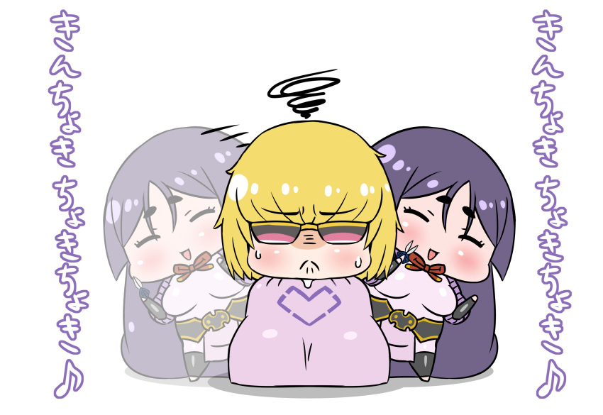 1boy 1girl :d absurdly_long_hair afterimage bangs belt black_legwear blonde_hair blush bodysuit chibi closed_eyes closed_mouth commentary_request eyebrows_visible_through_hair facing_viewer fate/grand_order fate_(series) highres long_hair minamoto_no_raikou_(fate/grand_order) musical_note neck_ribbon open_mouth pink_bodysuit pout puffy_sleeves purple_hair red_ribbon rei_(rei_rr) ribbon sack sakata_kintoki_(fate/grand_order) scissors simple_background smile squiggle sunglasses sweatdrop thigh-highs translation_request very_long_hair white_background
