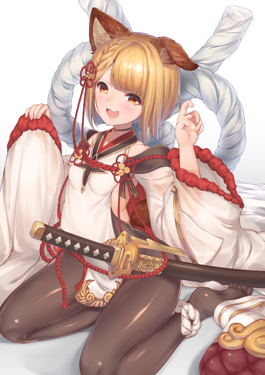 1girl :3 :d animal_ears ankle_ribbon bangs bare_shoulders black_legwear blonde_hair blunt_bangs blush braid breasts brown_eyes claws dog_ears eyebrows_visible_through_hair granblue_fantasy highres long_sleeves looking_at_viewer midriff no_shoes open_mouth pantyhose red_ribbon ribbon rope sheath sheathed shimenawa shiny shiny_clothes short_hair shoulder_cutout sitting sleeves_past_wrists small_breasts smile solo sword tabard tassel topia vajra_(granblue_fantasy) wariza weapon wide_sleeves yokozuwari